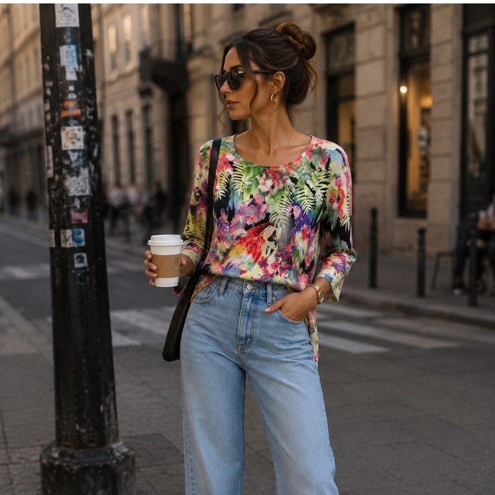 Chico's Tropical Parrot Floral Print Top 3/4 Sleeve Cotton Spandex Size 2 L